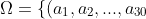\Omega = \{ (a_1, a_2, ... , a_{30} ) | a_i \in {1,...,6}, i=1,..,30 \}
